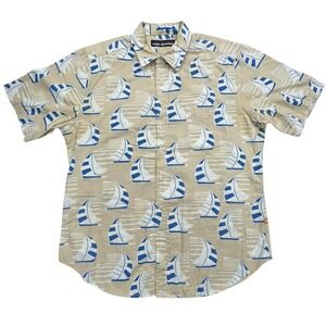 Reyn Spooner Hawaiian Shirt Mens Large Tan Allover Sailboat Print Button Down